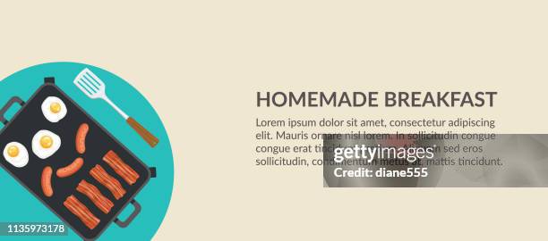 cute breakfast foods banner - griddle & eggs - restaurant griddle stock illustrations