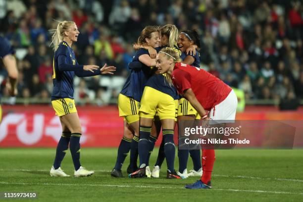 Sarah Puntigam of Austria sad, Sweden celebrating second goal during the Austria v Sweden - Women's International Friendly at BSFZ Suedstadt on April...