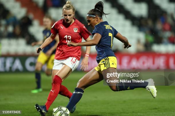 Virginia Kirchberger of Austria and Madelen Janogy of Sweden during the Austria v Sweden - Women's International Friendly at BSFZ Suedstadt on April...