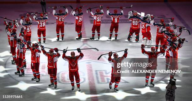 Moscow's players celebrate their victory over SKA St Petersburg during the Western Conference final series of Gagarin Cup 2019 of the Russian...