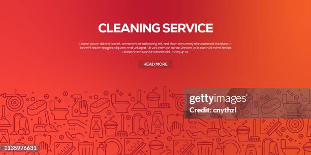 stockillustraties, clipart, cartoons en iconen met vector set van design templates en elementen voor het reinigen van service in trendy lineaire stijl-naadloze patronen met lineaire pictogrammen met betrekking tot schoonmaakservice-vector - stofzuiger