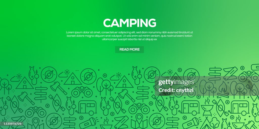 Conjunto vectorial de plantillas y elementos de diseño para acampar en estilo lineal de moda-patrones sin costuras con iconos lineales relacionados con camping-Vector