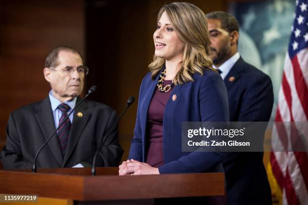 Rep. Katie Hill speaks during a news conference on April 9, 2019 in Washington, DC. House Democrats unveiled new letters to the Attorney General, HHS...