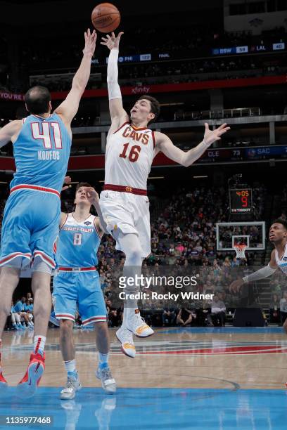 Cedi Osman of the Cleveland Cavaliers puts up a shot against Kosta Koufos of the Sacramento Kings on April 4, 2019 at Golden 1 Center in Sacramento,...
