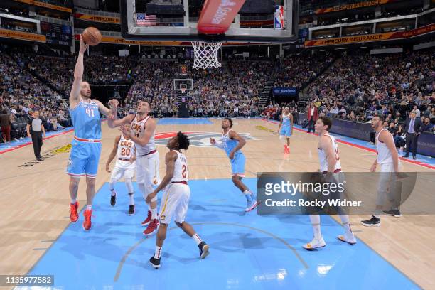 Kosta Koufos of the Sacramento Kings shoots against the Cleveland Cavaliers on April 4, 2019 at Golden 1 Center in Sacramento, California. NOTE TO...
