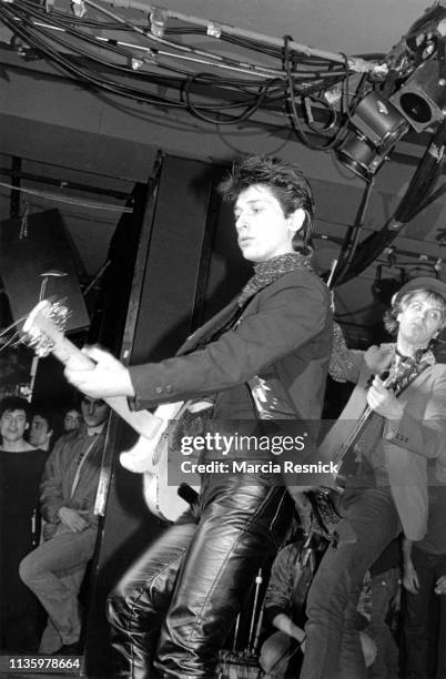 American Punk musicians Johnny Thunders (born John Genzale and Walter Lure, both of the Heartbreakers, perform on stage, New York, New York, January...