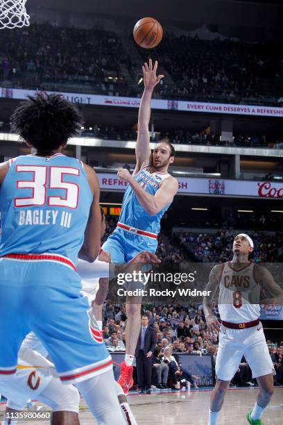 Kosta Koufos of the Sacramento Kings shoots against the Cleveland Cavaliers on April 4, 2019 at Golden 1 Center in Sacramento, California. NOTE TO...