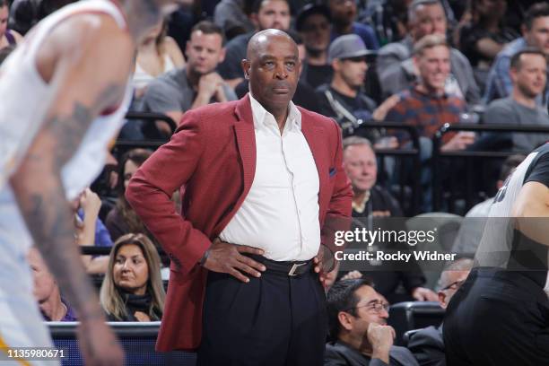 Head Coach Larry Drew of the Cleveland Cavaliers looks on during the game against the Sacramento Kings on April 4, 2019 at Golden 1 Center in...