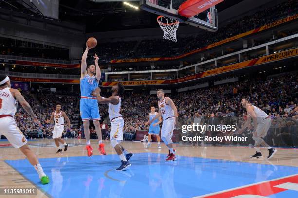 Kosta Koufos of the Sacramento Kings shoots against the Cleveland Cavaliers on April 4, 2019 at Golden 1 Center in Sacramento, California. NOTE TO...