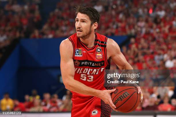 Damian Martin of the Wildcats looks to pass the ball during game three of the NBL Grand Final Series between the Perth Wildcats and Melbourne United...