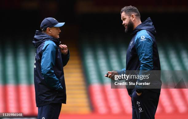 Ireland coaches Joe Schmidt and Andy Farrell chat during Wales training ahead of the Guinness Six Nations match against Ireland at Millennium Stadium...