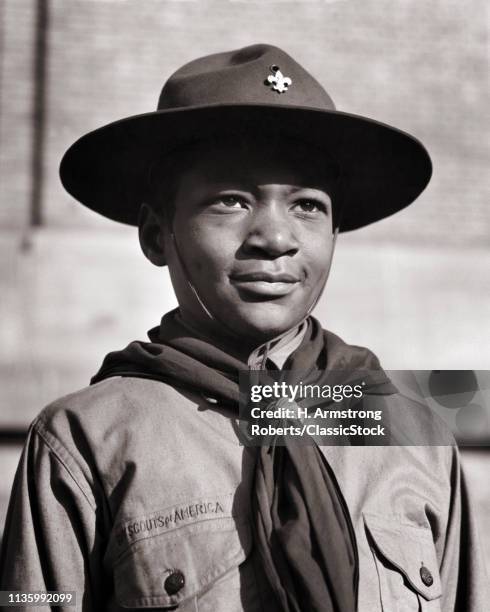 Portrait of a young African-American boy scout, 1950s.