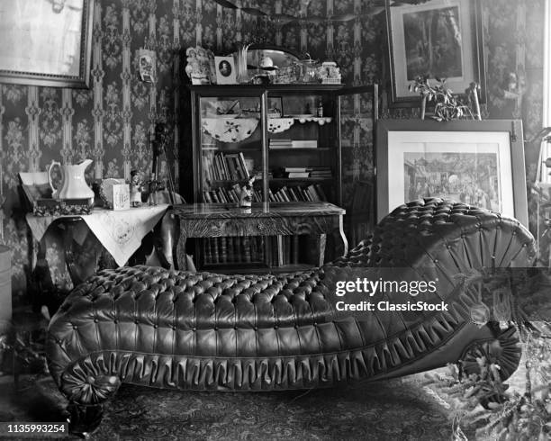 1880s 1890s 1900s GLASS NEGATIVE PRINT OF TUFTED LEATHER CHAISE LOUNGE DAYBED COUCH IN VICTORIAN PARLOR