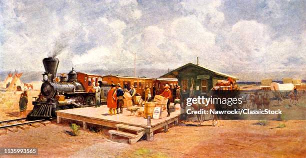 1870s EARLY RAILROAD COMMERCE TRAVEL UNION PACIFIC TRAIN AT STATION IN WESTERN KANSAS USA