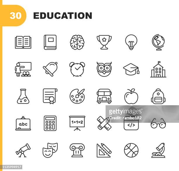 illustrations, cliparts, dessins animés et icônes de icônes de la ligne éducation & apprentissage. contour modifiable. pixel parfait. pour mobile et web. contient des icônes telles que. - niveau de scolarisation
