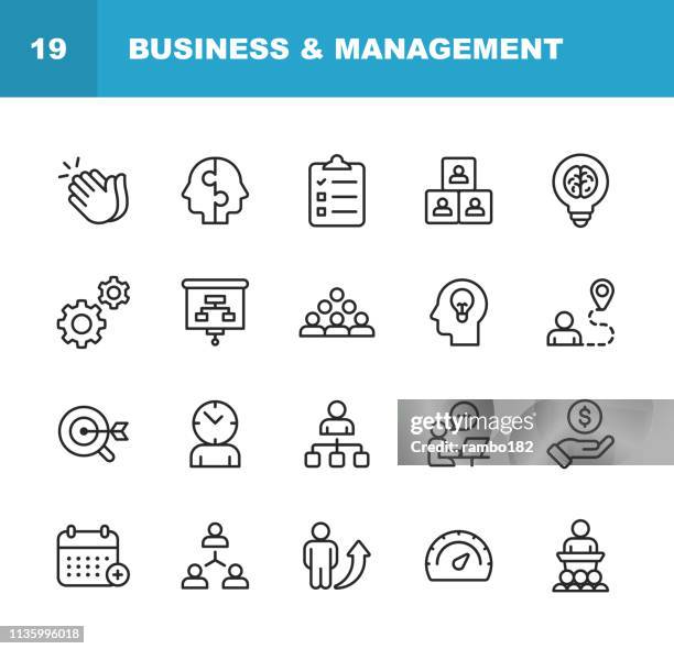 illustrations, cliparts, dessins animés et icônes de icônes de ligne d'affaires et de gestion. contour modifiable. pixel parfait. pour mobile et web. contient des icônes telles que business management, business strategy, brainstorming, optimisation, performance. - transmission entreprise