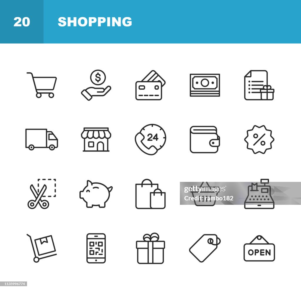 Iconos de línea de compras y comercio electrónico. Trazo editable. Pixel Perfect. Para móvil y Web. Contiene iconos tales como compras, E-Commerce, método de pago, alcancía, entrega.