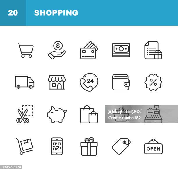 stockillustraties, clipart, cartoons en iconen met winkelen en e-commerce lijn iconen. bewerkbare lijn. pixel perfect. voor mobiel en web. bevat iconen zoals winkelen, e-commerce, betaalmethode, spaarpot, levering. - koopwaar