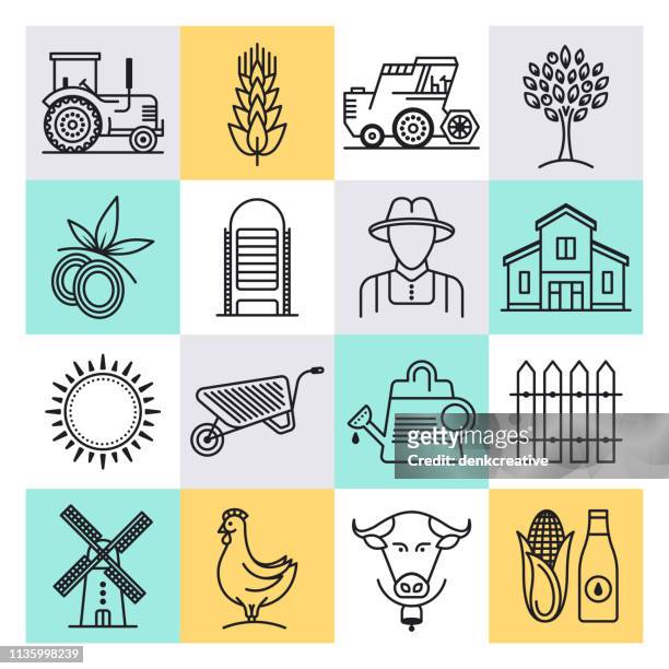 stockillustraties, clipart, cartoons en iconen met duurzame landbouw productieoverzicht stijl vector icon set - livestock infograph