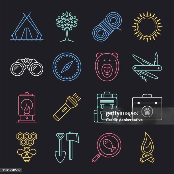 outdoor sports & experiential learning neon style vector icon set - hormone icon stock illustrations