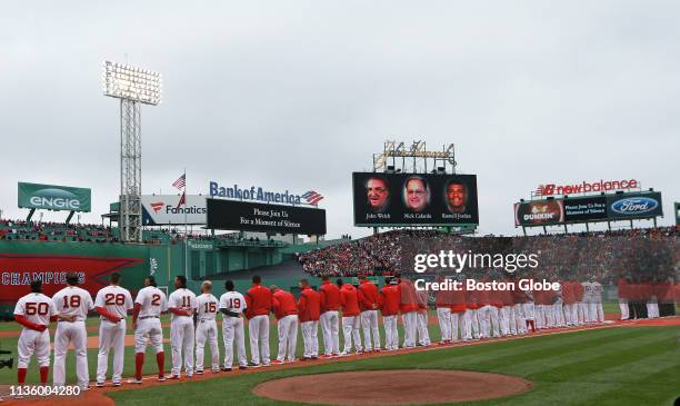 Late Boston Globe baseball reporter Nick Cafardo, center on screen, is among those remembered during pre-game ceremonies. The Boston Red Sox host the...