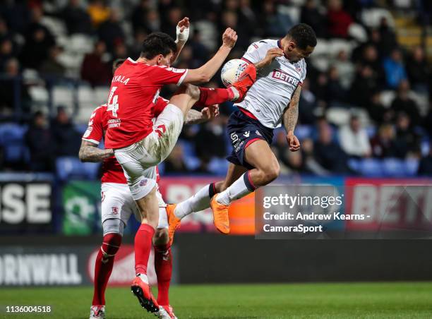 Bolton Wanderers' Josh Magennis competing with Middlesbrough's Daniel Ayala during the Sky Bet Championship match between Bolton Wanderers and...