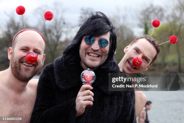 Benedict Cumberbatch and Noel Fielding and Zander Woollcombe of United Global Mental Health support Red Nose Day by swimming in cold water for Mental...