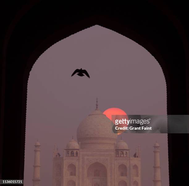 sunrise at taj mahal. - monument india stockfoto's en -beelden