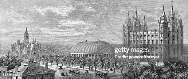 temple square in salt lake city, utah - 19th century - salt lake city stock illustrations