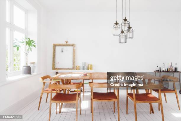 scandinavian design dining room interior - dinner table stock pictures, royalty-free photos & images