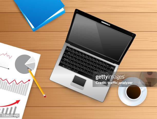 laptop on the table - wood table stock illustrations