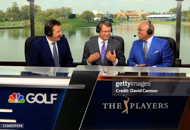 Nick Faldo, Paul Azinger and Mike Tirico announce play for Golf Channel during the second round of the 2019 Players Championship held on the Stadium...