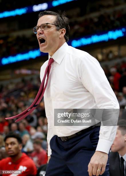 Head coach Tim Miles of the Nebraska Huskers reacts in the first half against the Wisconsin Badgers during the quarterfinals of the Big Ten...