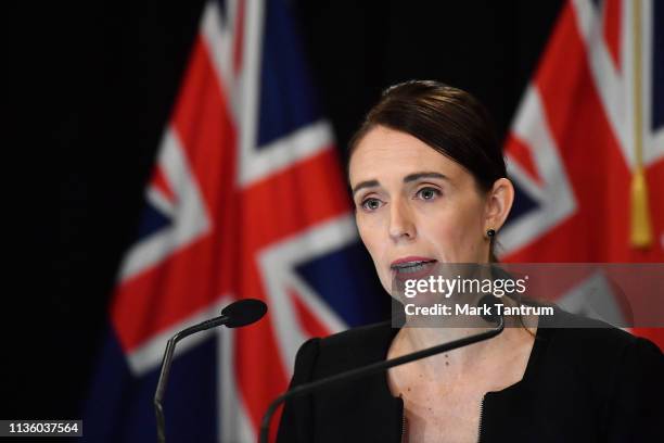 New Zealand Prime Minister Jacinda Ardern addresses the media on March 16, 2019 in Wellington, New Zealand. At least 49 people are confirmed dead,...