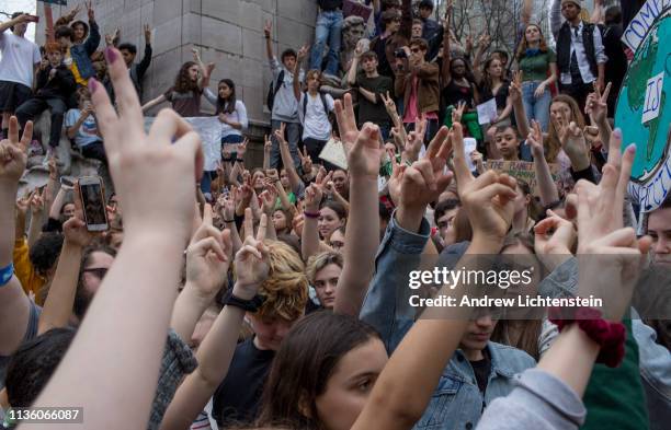 New York City High School students walk out of classes to protest climate change and the government's inaction on March 15, 2019 in Columbus Circle,...