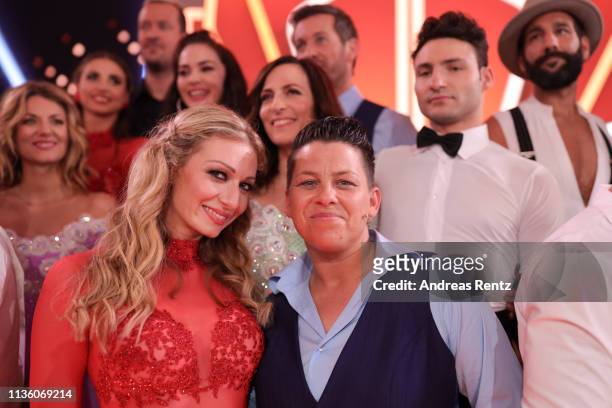 Regina Luca and Kerstin Ott pose for a photograph during the pre-show "Wer tanzt mit wem? Die grosse Kennenlernshow" of the television competition...