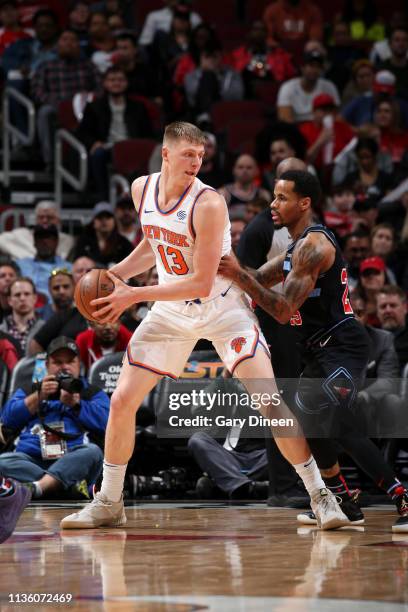 Henry Ellenson of the New York Knicks handles the ball against the Chicago Bulls on April 9, 2019 at the United Center in Chicago, Illinois. NOTE TO...