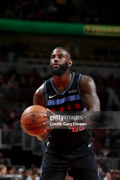 JaKarr Sampson of the Chicago Bulls shoots a free-throw against the New York Knicks on April 9, 2019 at the United Center in Chicago, Illinois. NOTE...