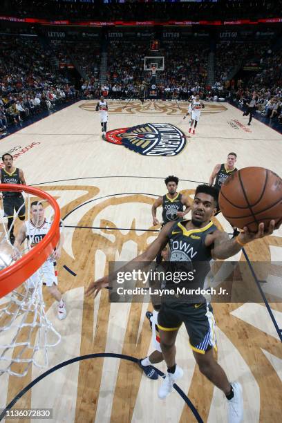 Jacob Evans of the Golden State Warriors shoots the ball against the New Orleans Pelicans on April 9, 2019 at the Smoothie King Center in New...