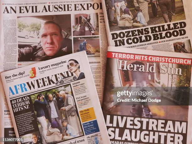 Newpapers in Melbourne are seen with reporting on the Christchurch mosque terror attacks on March 16, 2019 in Various Cities, Australia. At least 49...