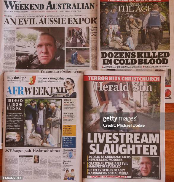 Newpapers in Melbourne are seen with reporting on the Christchurch mosque terror attacks on March 16, 2019 in Various Cities, Australia. At least 49...