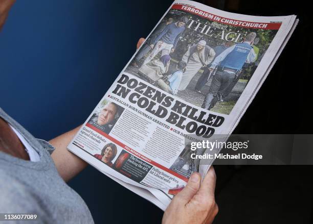 Newpapers in Melbourne are seen with reporting on the Christchurch mosque terror attacks on March 16, 2019 in Various Cities, Australia. At least 49...