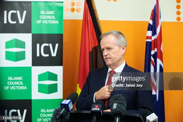 Bill Shorten addresses the Islamic community at the Islamic Council of Victoria on March 16, 2019 in Melbourne, Australia. At least 49 people are...