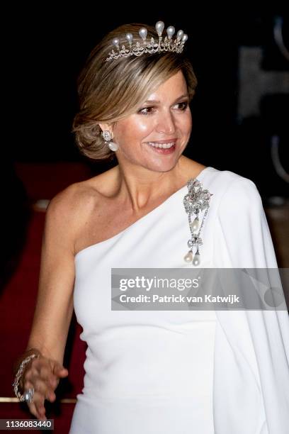 Queen Maxima of The Netherlands leave the Royal Palace after the annual gala diner for the Diplomatic Corps on April 09, 2019 in Amsterdam,...