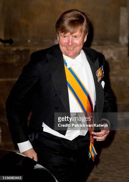 King Willem-Alexander of The Netherlands leave the Royal Palace after the annual gala diner for the Diplomatic Corps on April 09, 2019 in Amsterdam,...