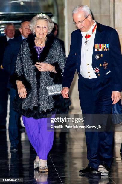 Princess Beatrix of The Netherlands leave the Royal Palace after the annual gala diner for the Diplomatic Corps on April 09, 2019 in Amsterdam,...