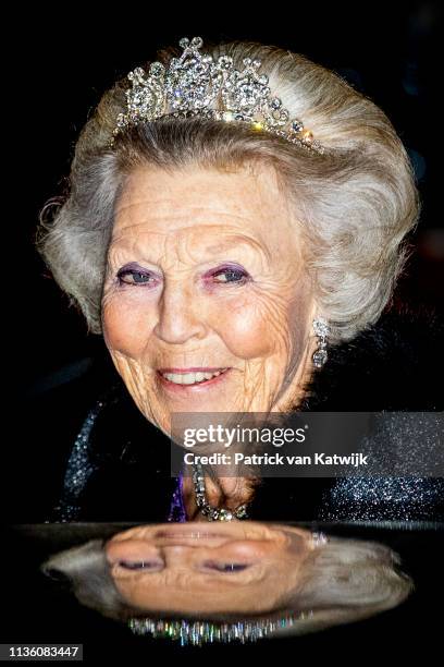 Princess Beatrix of The Netherlands leave the Royal Palace after the annual gala diner for the Diplomatic Corps on April 09, 2019 in Amsterdam,...