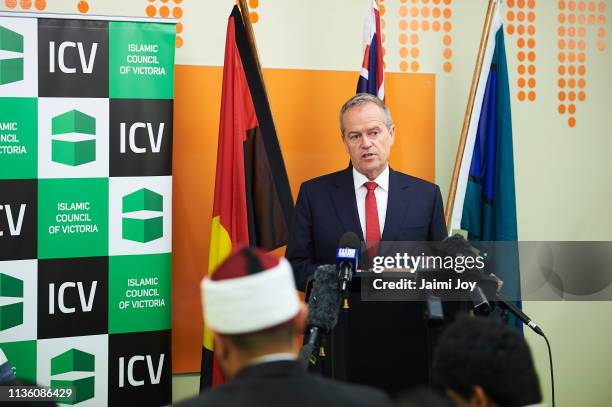 Bill Shorten addresses the Islamic community at the Islamic Council of Victoria on March 16, 2019. At least 49 people are confirmed dead, with more...