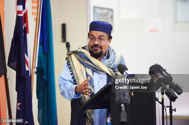 Mohamed Mohideen addresses the Islamic community before Bill Shorten at the Islamic Council of Victoria on March 16, 2019. At least 49 people are...