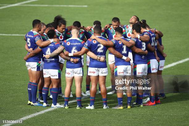 The Warriors observe a moments silence for the victims of the Christchurch mosque shootings during the round 1 NRL match between the New Zealand...